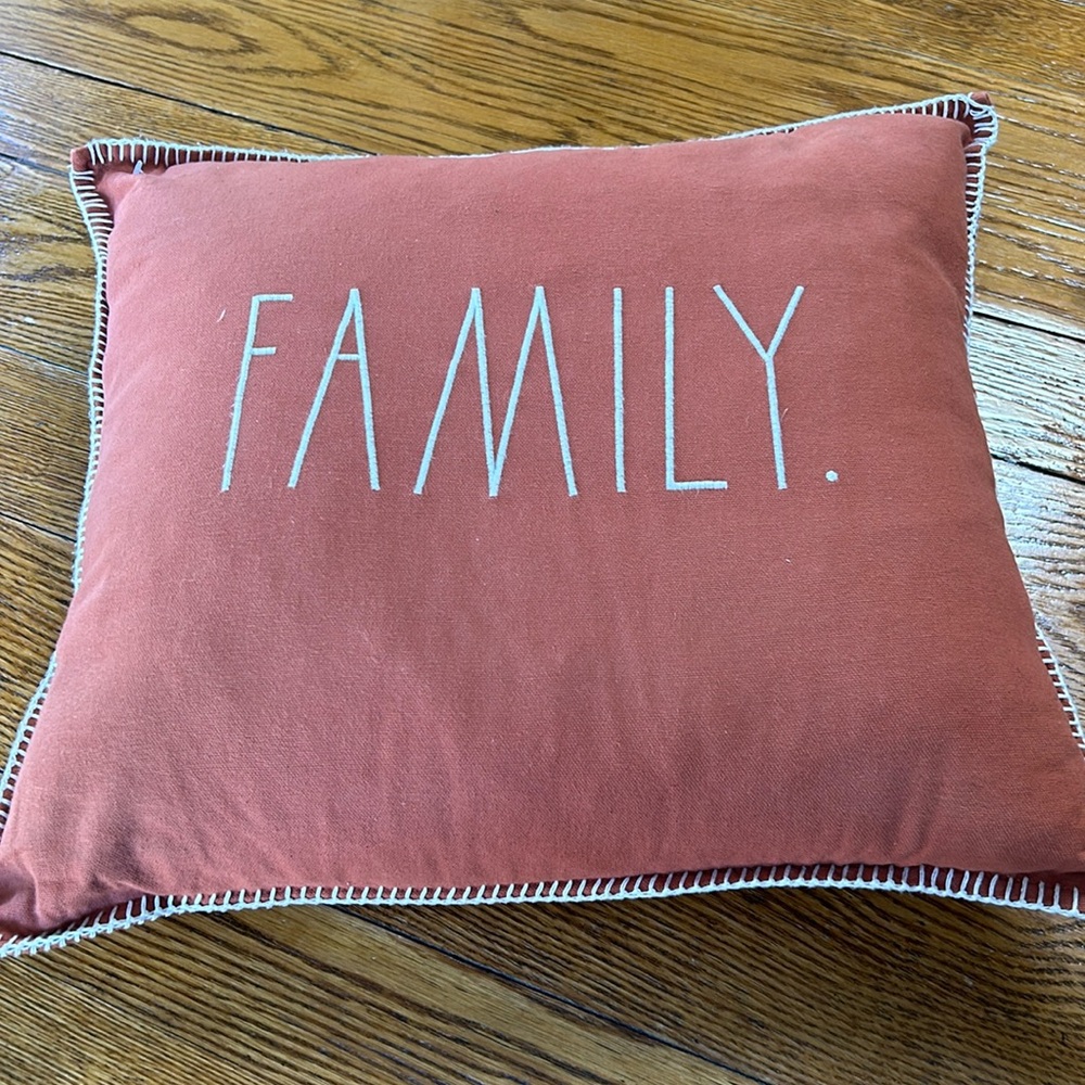 Rae Dunn FAMILY. embroidered 20” square burnt orange pillow with feather pillow